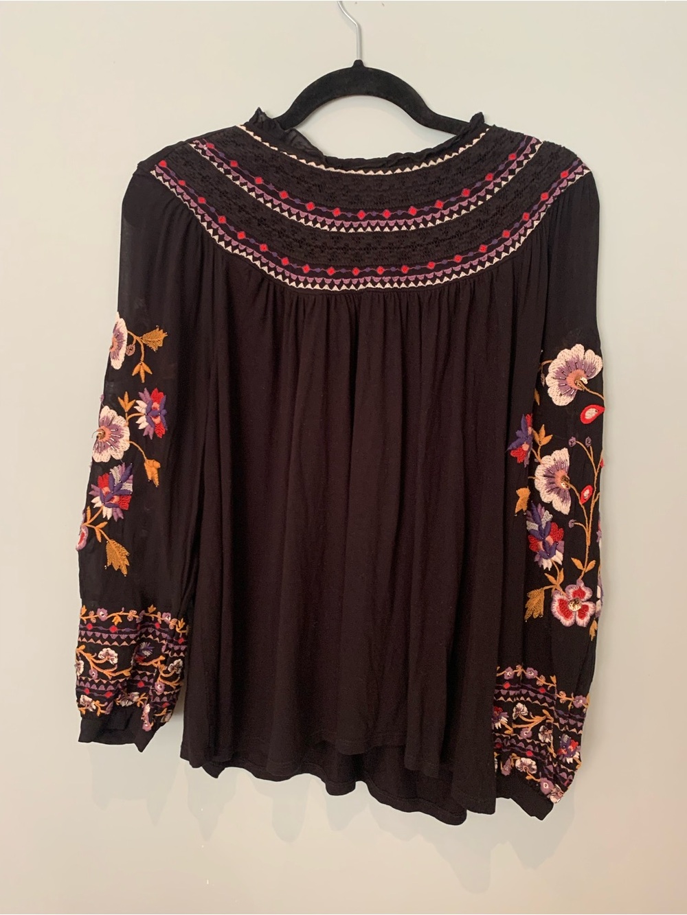 Anthropologie Akemi + Kin Boho Embroidered Black Peasant Top - Floral Sleeves